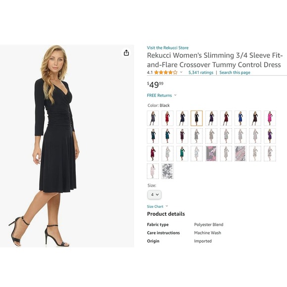 Rekucci Size 4 Slimming 3/4 Sleeve Fit-and-Flare Crossover Tummy Control Dress - Picture 2 of 10